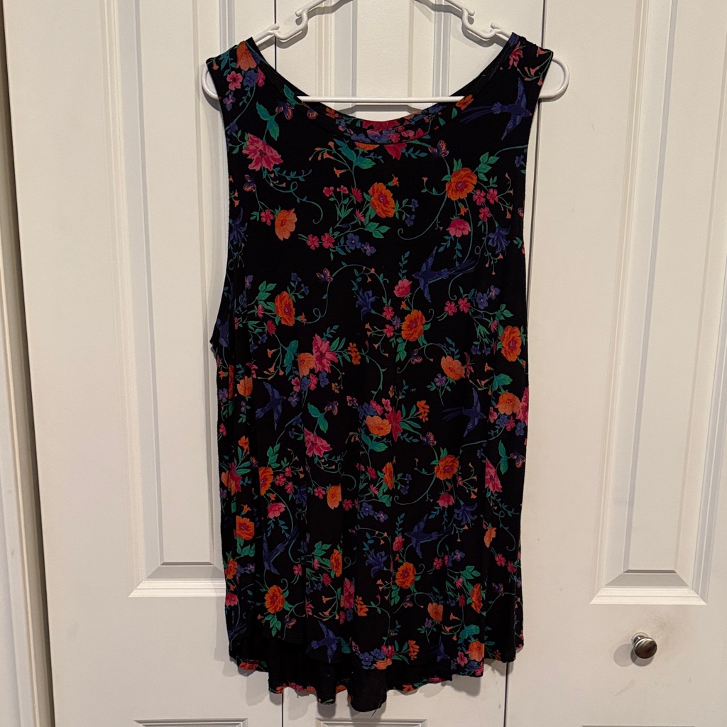 Old Navy Black Floral Tank Top With Orange, Pink & Green Print
